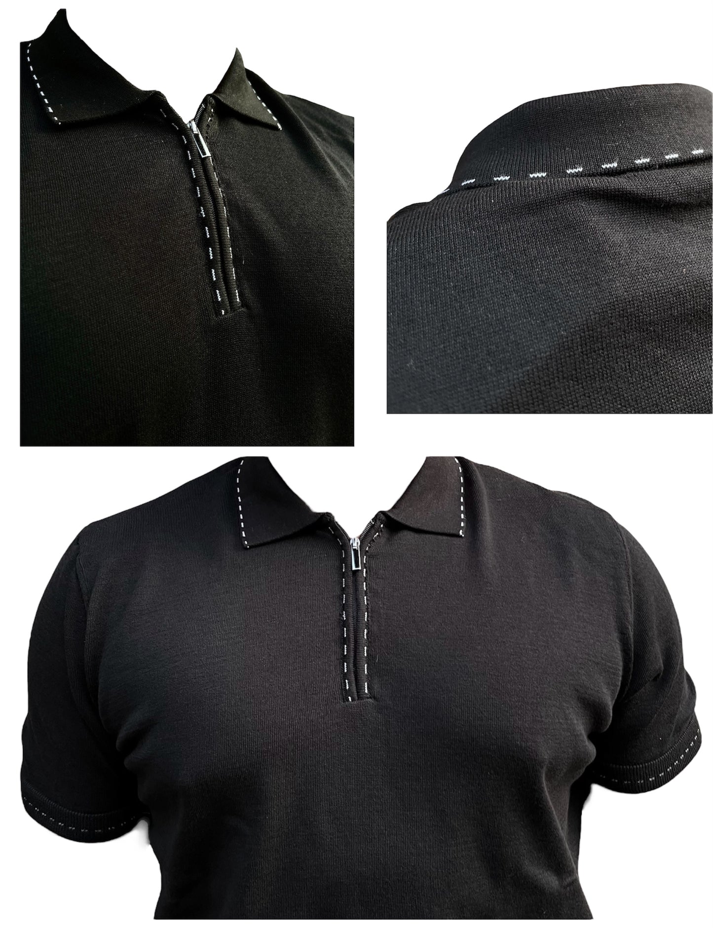 Men’s Premium White Contrast-Stitch Zip Polo Shirt