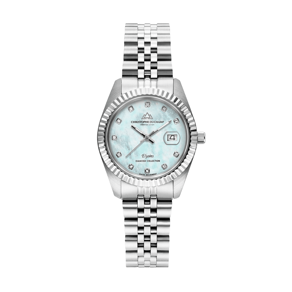 CHRISTOPHE DUCHAMP ÉLYSÉES
SKU: CD7201-10
Light Blue Mother of Pearl dial, silver strap & case.