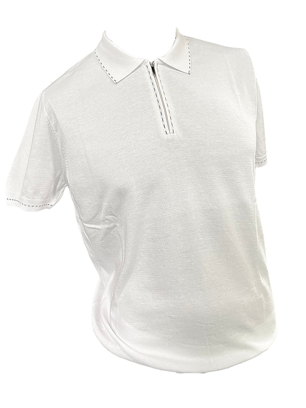 Men’s Premium White Contrast-Stitch Zip Polo Shirt