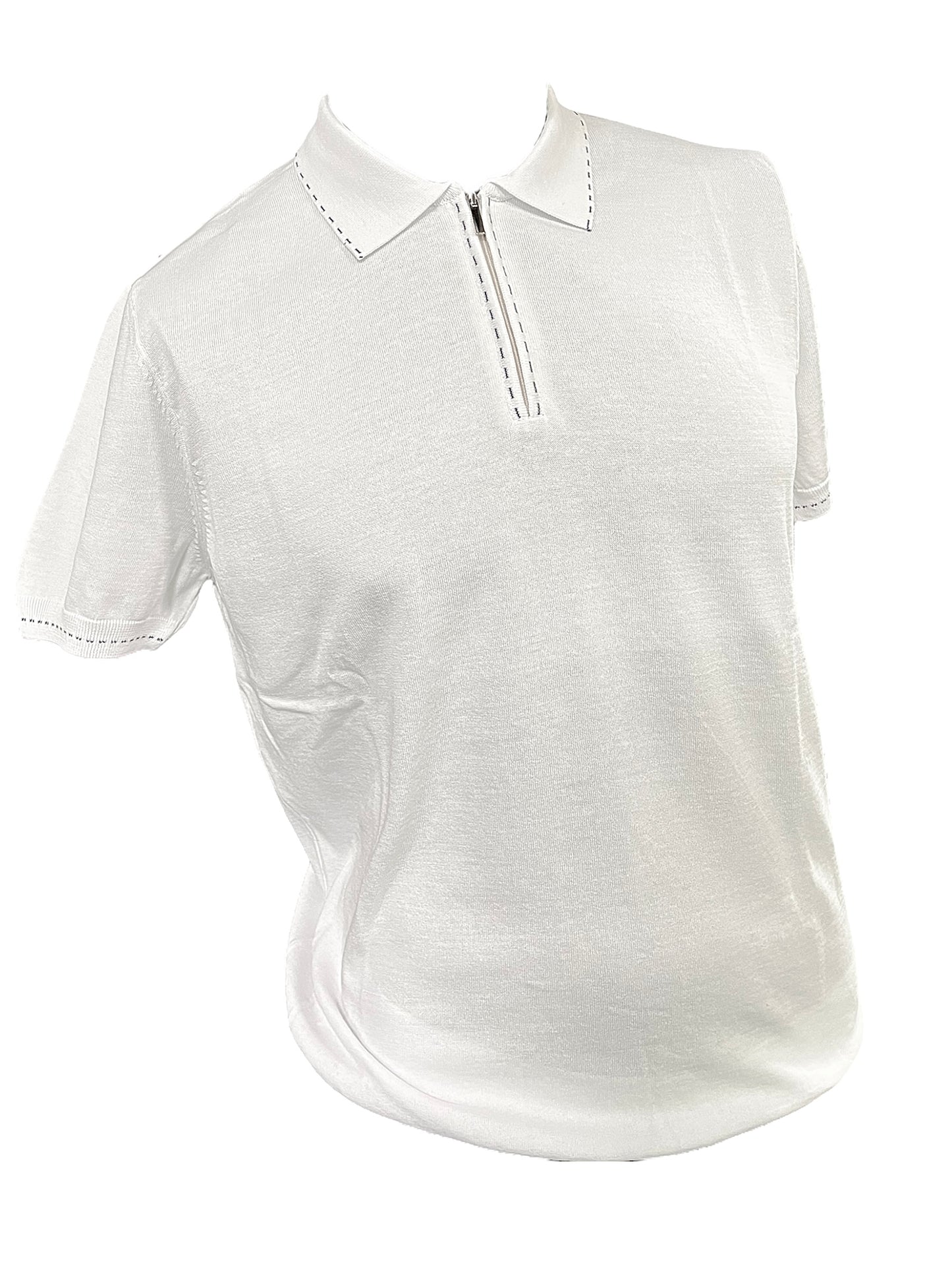 Men’s Premium White Contrast-Stitch Zip Polo Shirt