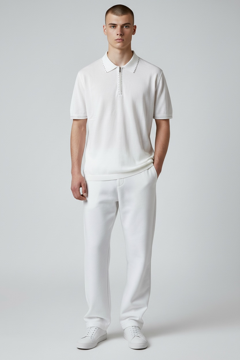 Men’s Premium White Contrast-Stitch Zip Polo Shirt