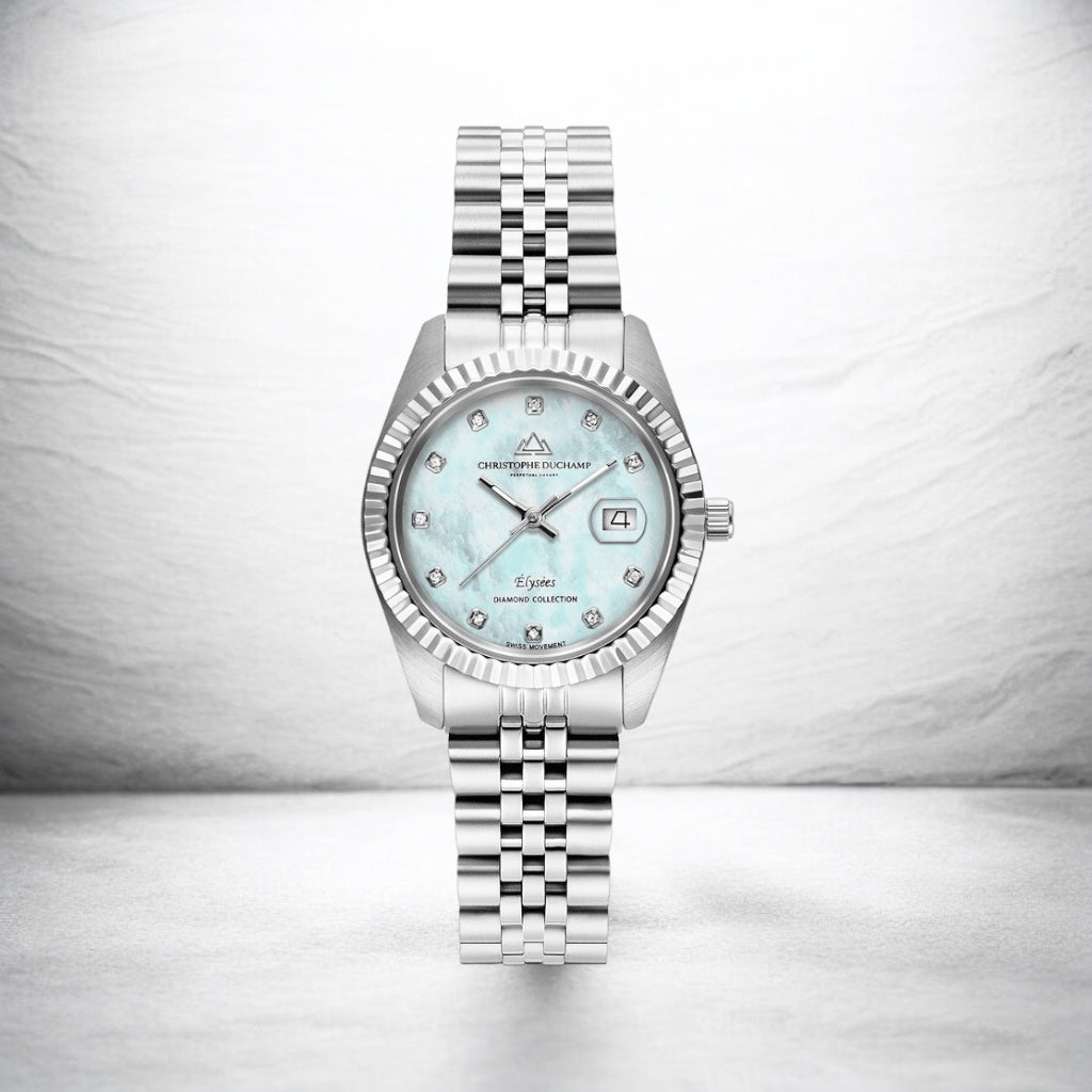 CHRISTOPHE DUCHAMP ÉLYSÉES
SKU: CD7201-10
Light Blue Mother of Pearl dial, silver strap & case.