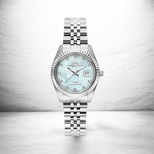 CHRISTOPHE DUCHAMP ÉLYSÉES
SKU: CD7201-10
Light Blue Mother of Pearl dial, silver strap & case.