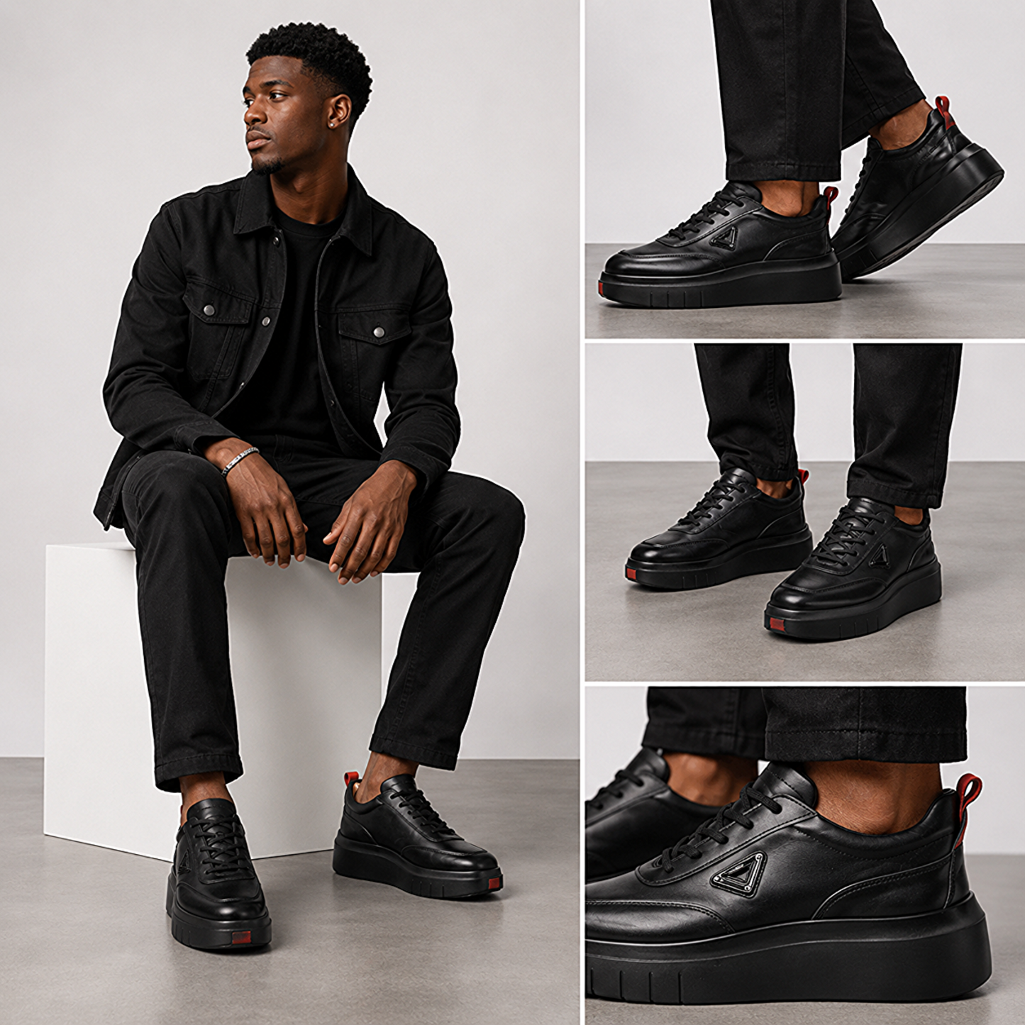 Men’s Genuine black leather lace-up sneaker with red detail
