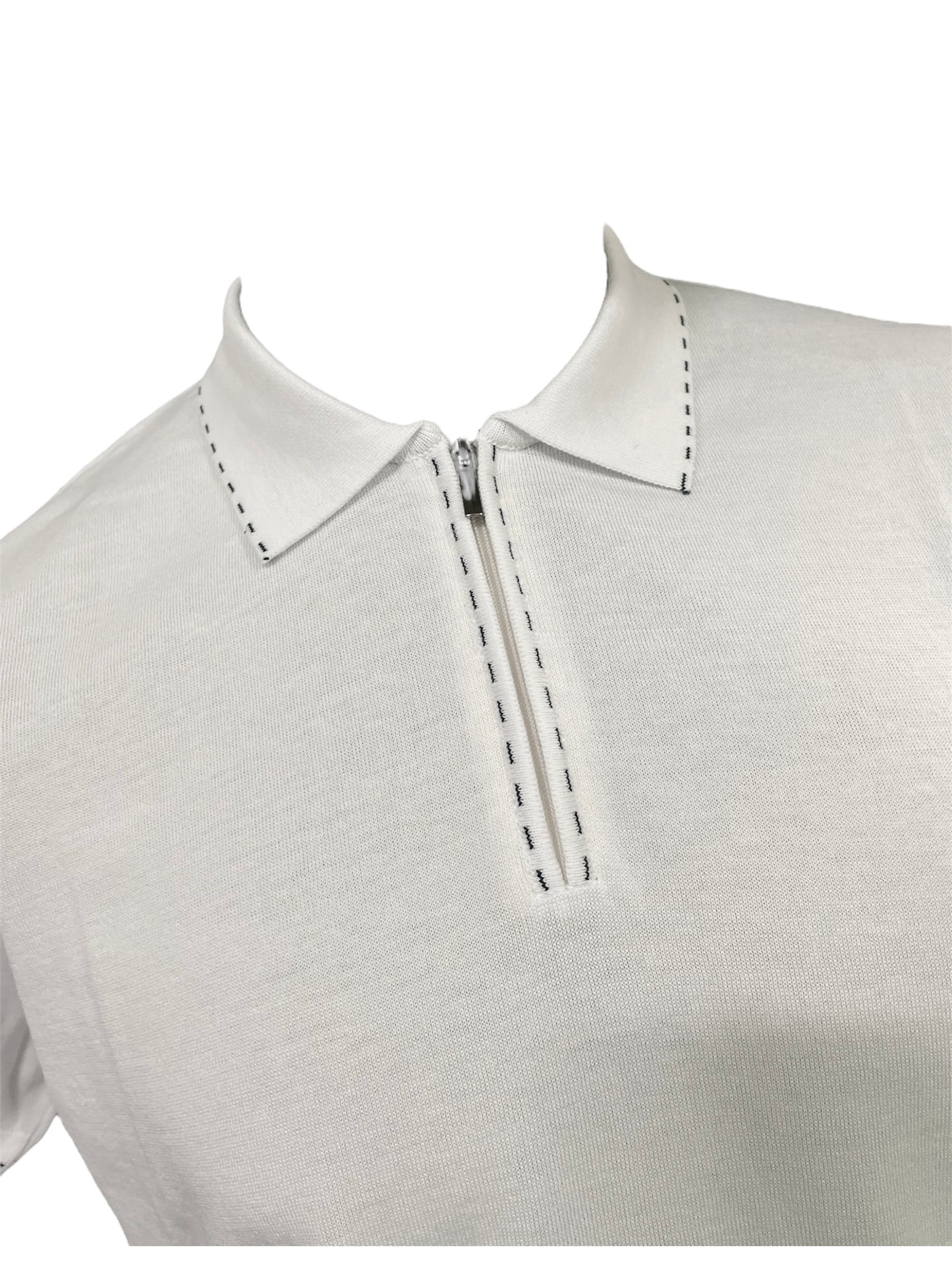 Men’s Premium White Contrast-Stitch Zip Polo Shirt