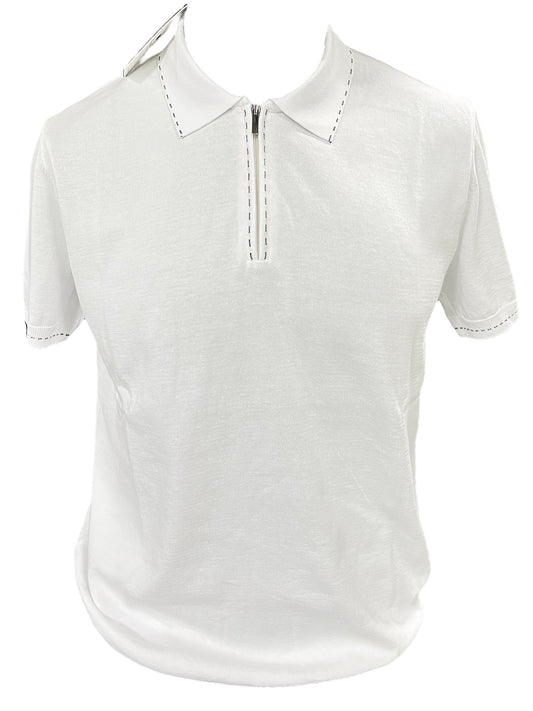 Men’s Premium White Contrast-Stitch Zip Polo Shirt