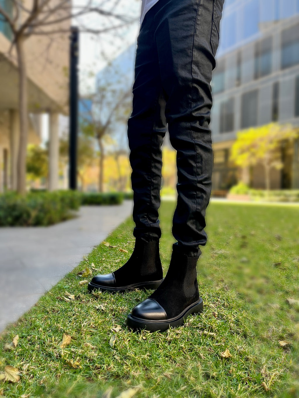 Black Suede boot with front leather detail