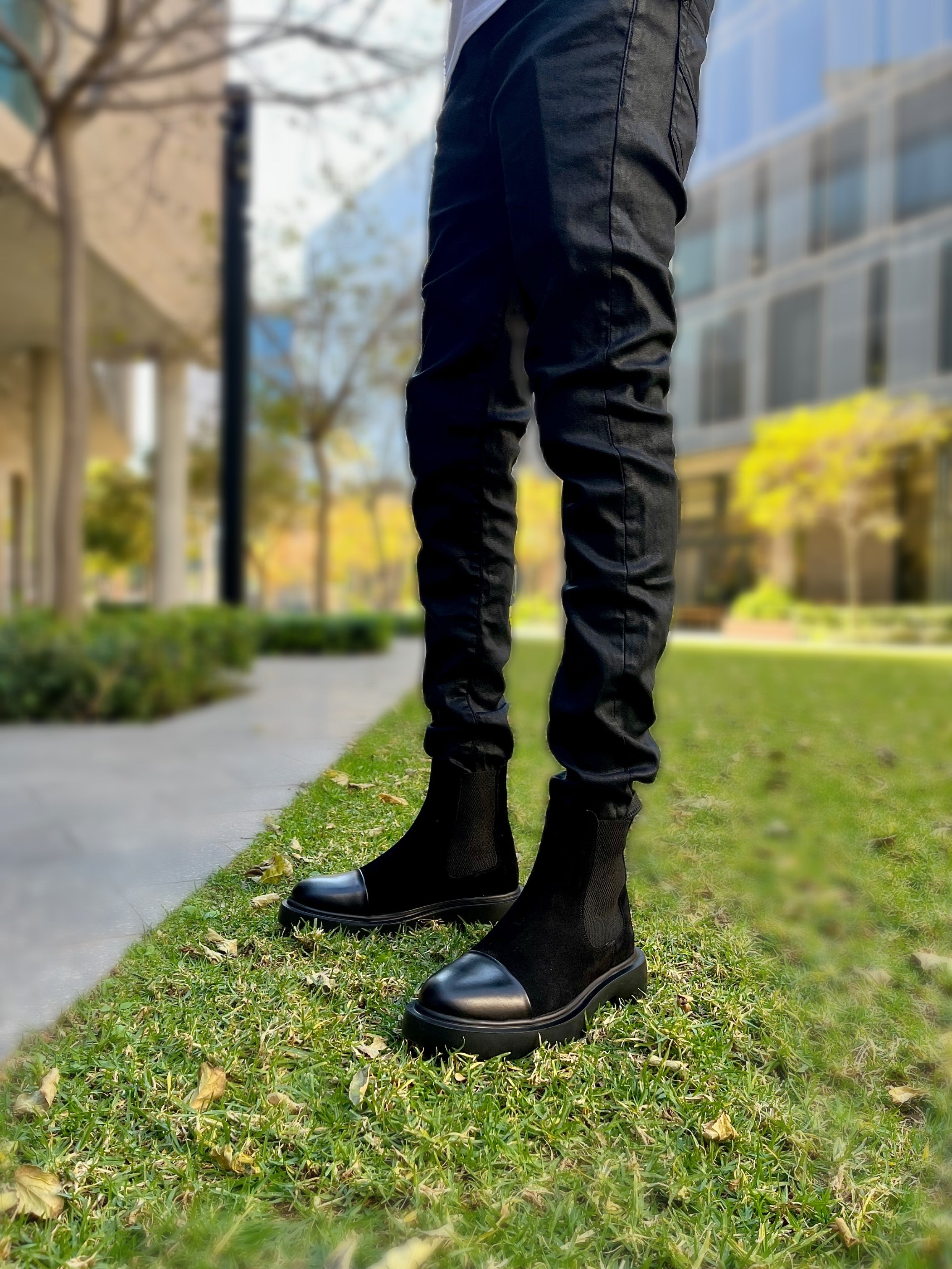 Black Suede boot with front leather detail