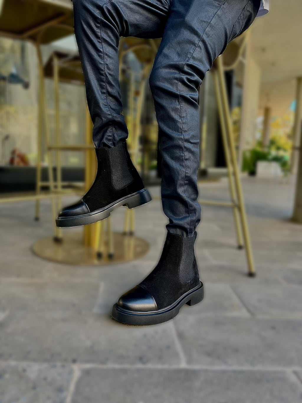 Black Suede boot with front leather detail