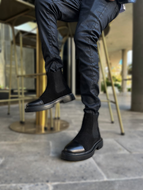 Black Suede boot with front leather detail