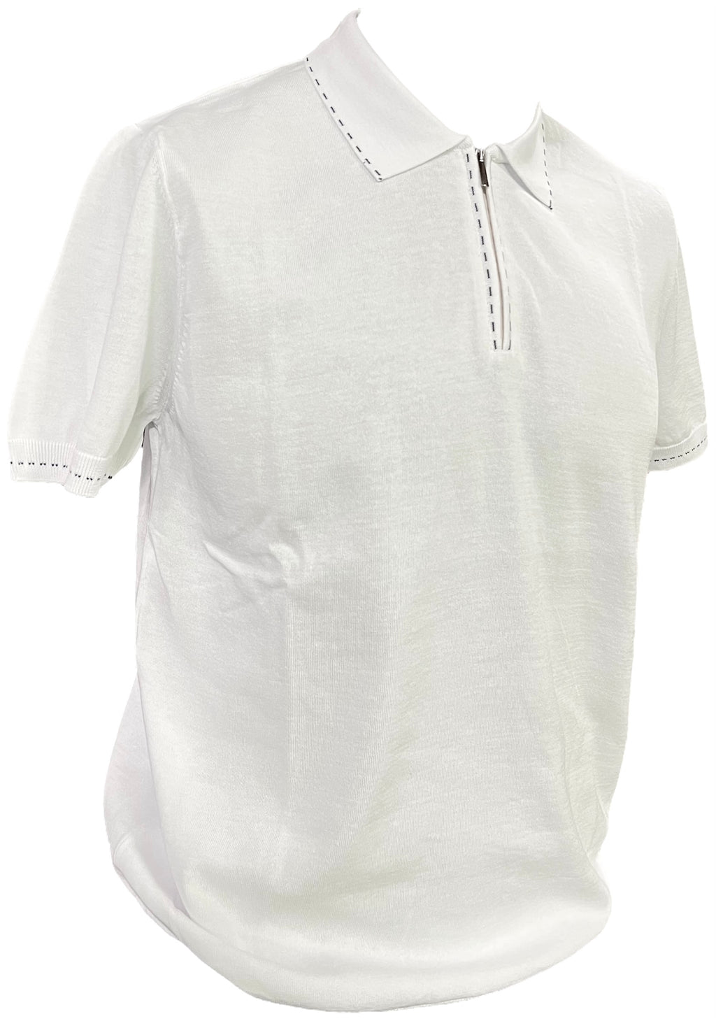 Men’s Premium White Contrast-Stitch Zip Polo Shirt