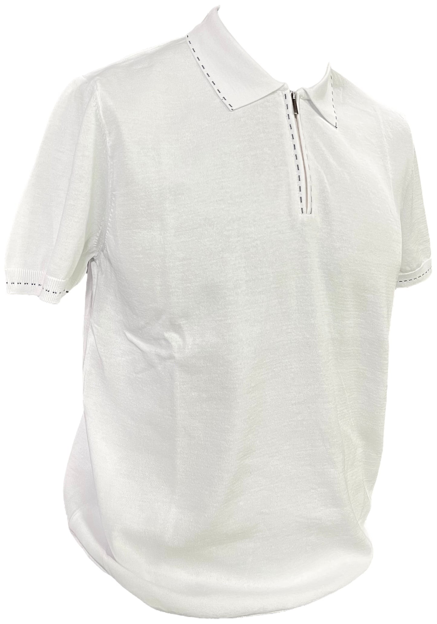 Men’s Premium White Contrast-Stitch Zip Polo Shirt