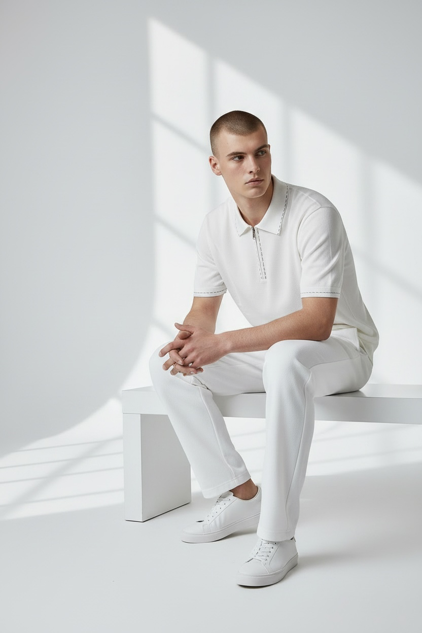 Men’s Premium White Contrast-Stitch Zip Polo Shirt