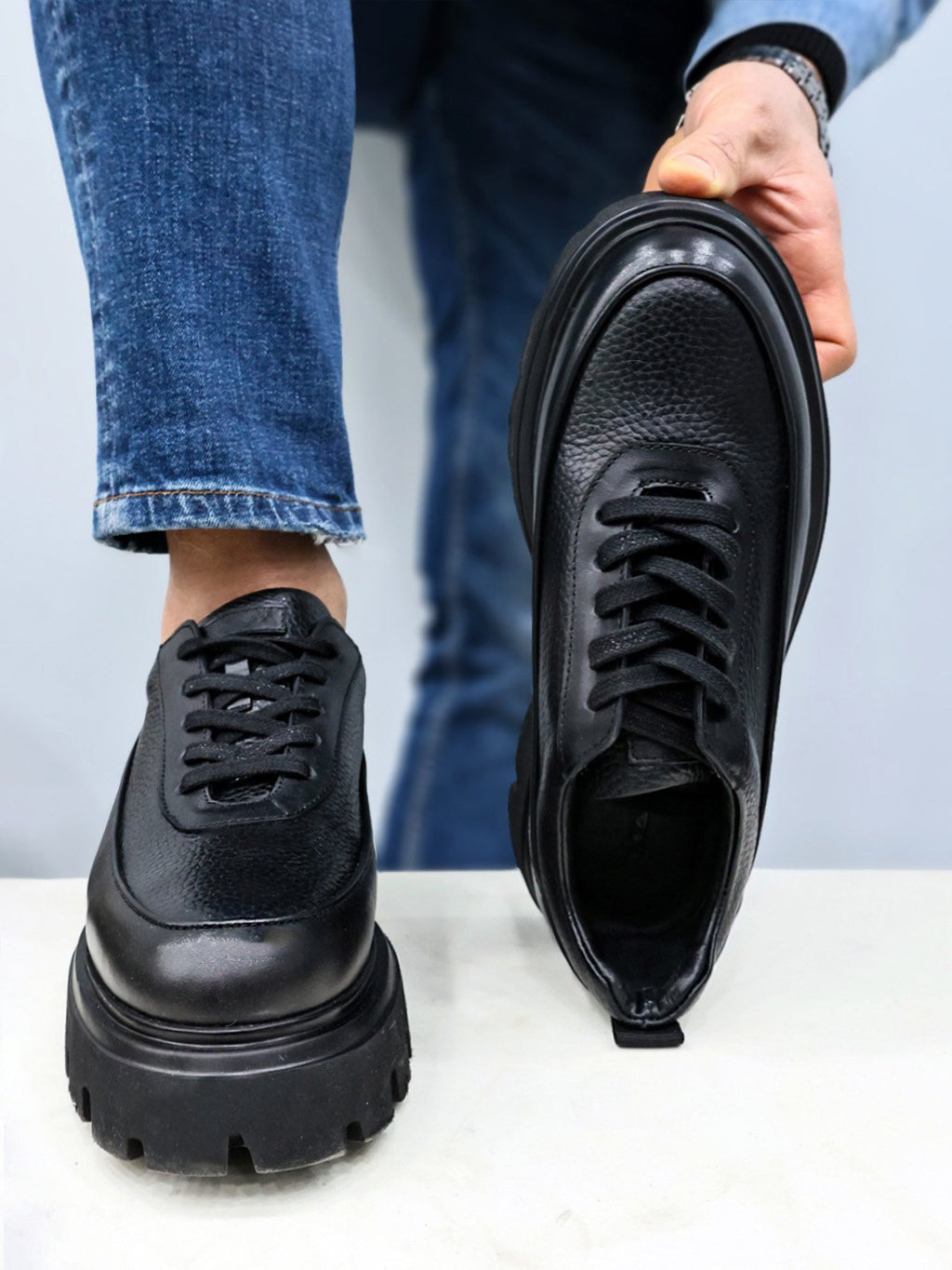Genuine black leather lace-up formal